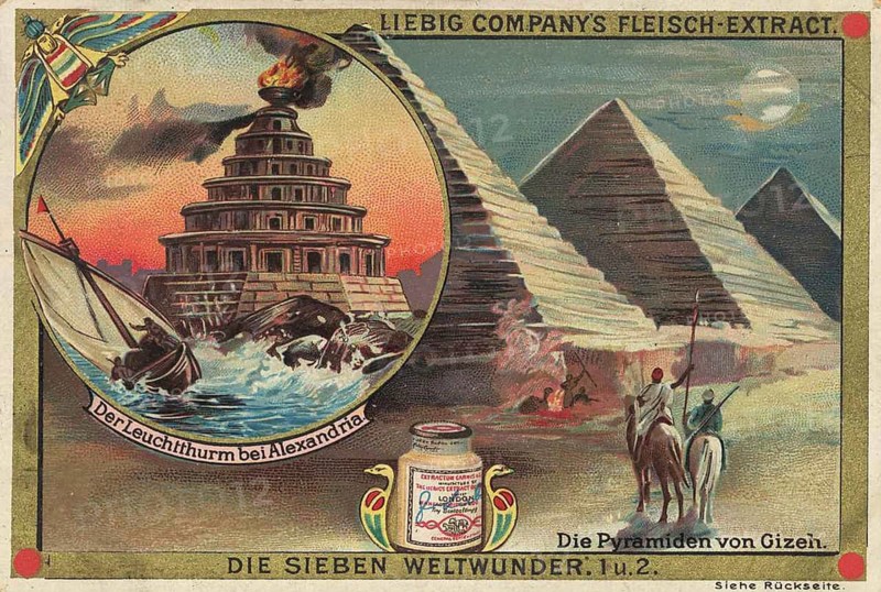 Picture series the seven wonders of the world, the pyramids of Giza and the lighthouse of Alexandria, Liebig picture, digitally restored reproduction of a collector's picture from ca 1900, public domain, exact date unknown, double picture with the lighthouse of Alexandria and the pyramids of Giza as ancient wonders of the world