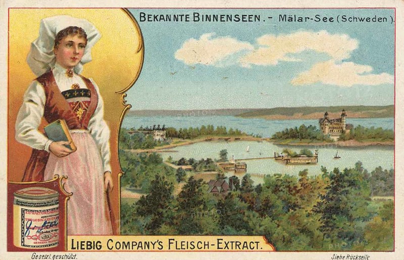 Picture series Famous inland lake with locals, Lake Mälaren in Sweden, Liebig picture, digitally restored reproduction of a collector's picture from around 1900, public domain, exact date unknown, A woman in traditional dress in front of a picturesque lake view in Sweden