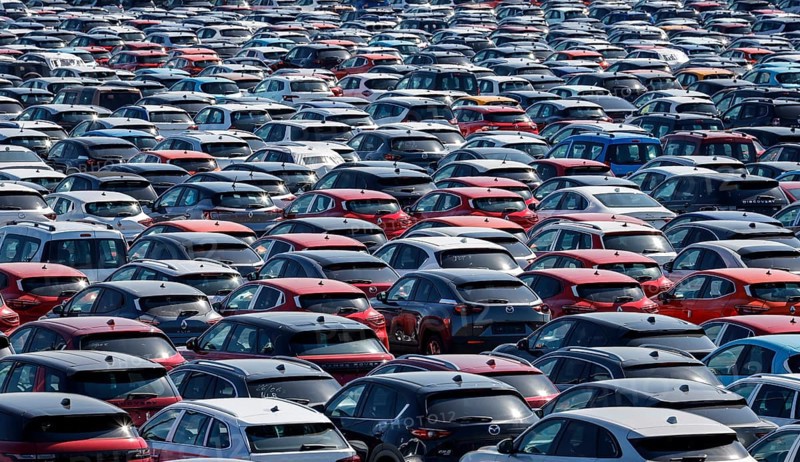 Duisburg, North Rhine-Westphalia, Germany - New cars, transhipment centre, car terminal in Duisburg harbour