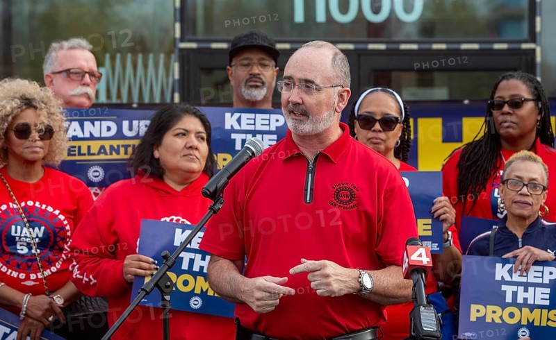 Detroit, Michigan USA, 30 October 2024, UAW President Shawn Fain addresses the crowd as members of United Auto Workers Local 51 rally, demanding that Stellantis 'keep the promise' it made in last year's contract negotiations. The union says Stellantis is breaking its promise to reopen its Belvidere, Illinois plant and to make $19 billion in product investments. The UAW is threatening to strike over this issue