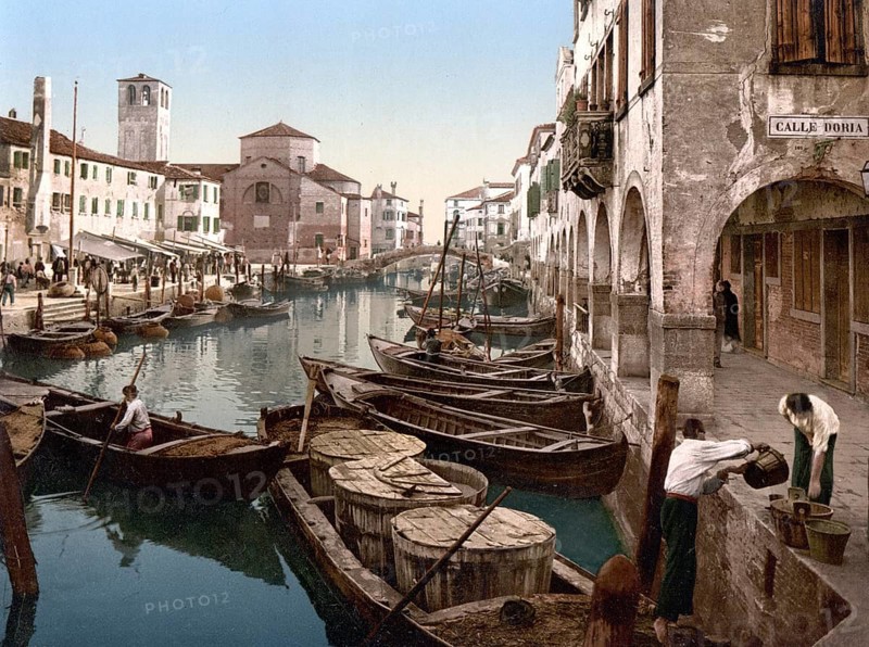 Chioggia, fish market, Venice, Italy, Historic, digitally restored reproduction from a 19th century original, Record date not stated, fish market, Venice, Italy, Historic, digitally restored reproduction from a 19th century original, Record date not stated, Europe
