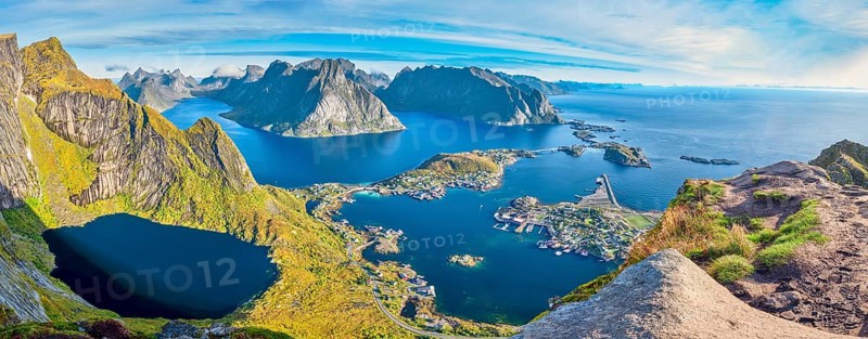 View from Reinebringen, Reinebriggen, Hamnoy, Reine and the Reinefjord with Bergen, Moskenes, Lofoten, Norway, Europe