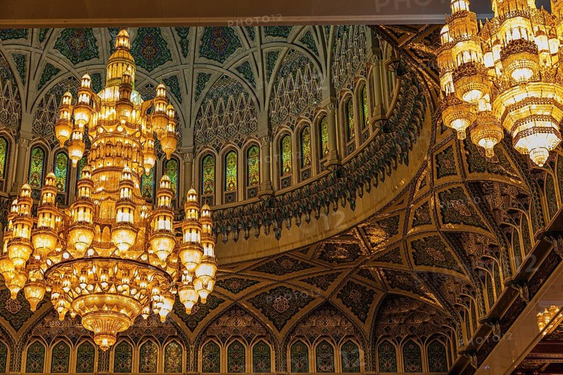 Dome and illuminated chandeliers in the Sultan Qaboos Mosque, Muscat, Arabian Peninsula, Sultanate of Oman