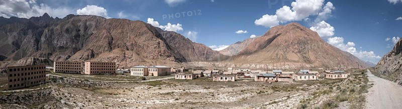 Panorama, Abandoned destroyed building in mountain landscape, Ghost town, Engilchek, Tian Shan, Kyrgyzstan, Asia