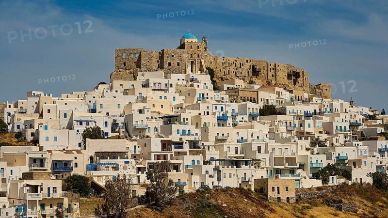 Historic fortress above a settlement of white houses under a blue sky, Querini Castle, Chora, Astypalea, Dodecanese, Greek Islands, Greece, Europe