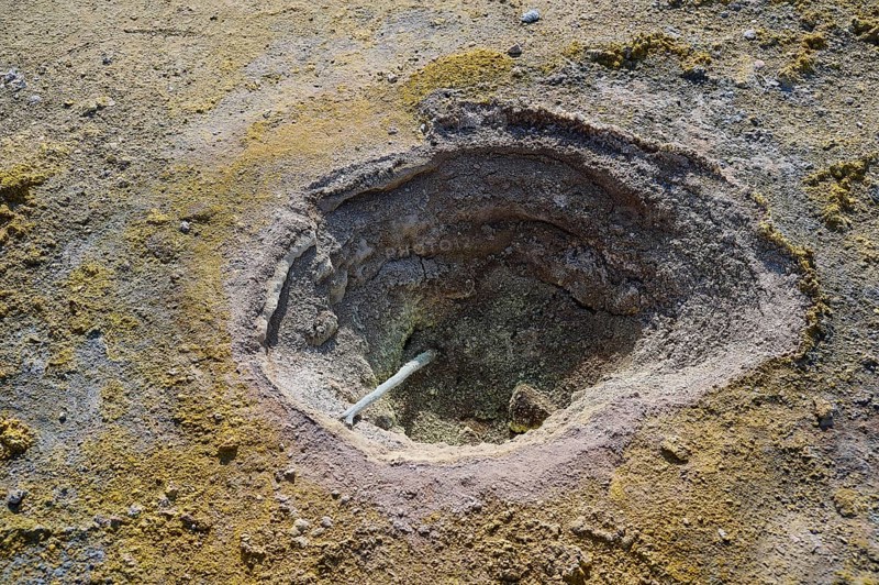 Close-up of a dry crater surrounded by earthy and yellow-grey tones, volcanism, volcanic island, Caldera Stefanos, Nisyros, Dodecanese, Greek Islands, Greece, Europe