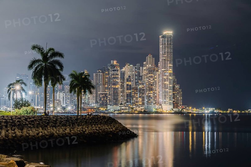 Panama City skyline at night, Cinta Costera Park, Panama City, Panama, Central America