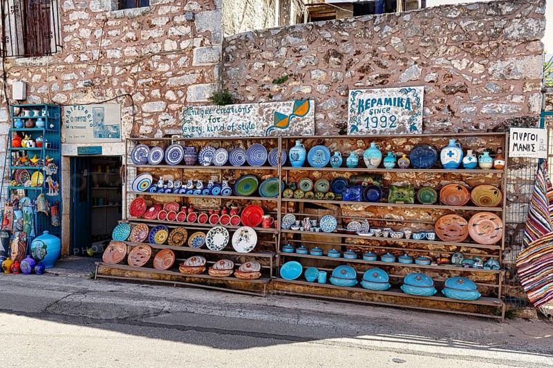 Colourful outdoor pottery, pottery, souvenir shop in the village of Pyrgos Dirou, Mani, Greece, Europe