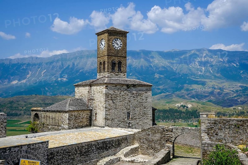 City of Gjirokastra, Gjirokastra, Albania, clock tower, castle of the mountain city of Gjirokastra, UNESCO World Heritage Site. Drinos Valley, Europe