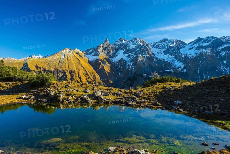 Panorama of Lake Gugger See, central main ridge of the Allgäu Alps, Allgäu, Bavaria, Germany, Europe