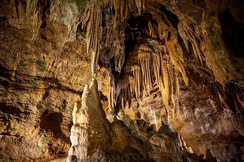 Stalagmites and stalactites in a cave, Devil's Cave Pottenstein, Franconian Switzerland, Franconia, Bavaria, Germany, Europe