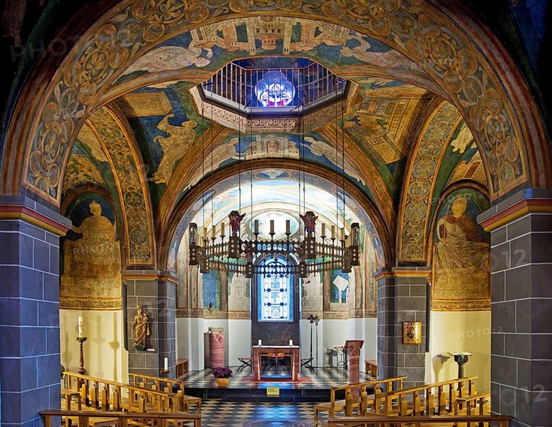 St. Maria and Clemens, Romanesque double church, lower church, view into the choir with ceiling paintings, Bonn, North Rhine-Westphalia, Germany, Europe