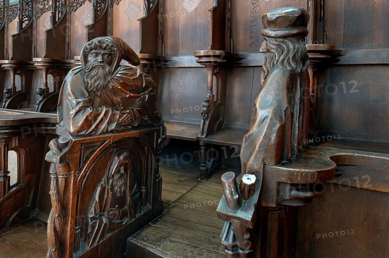 Figures on the late Gothic choir stalls from 1507, St Martin, Memmingen, Bavaria, Germany, Europe