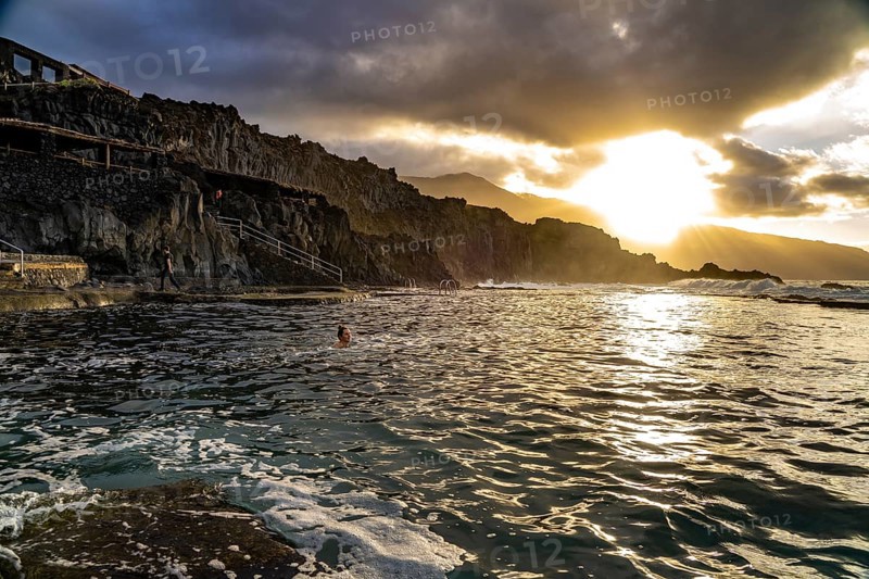 Sunset at the natural swimming pool La Maceta, El Hierro, Canary Islands, Spain, Europe