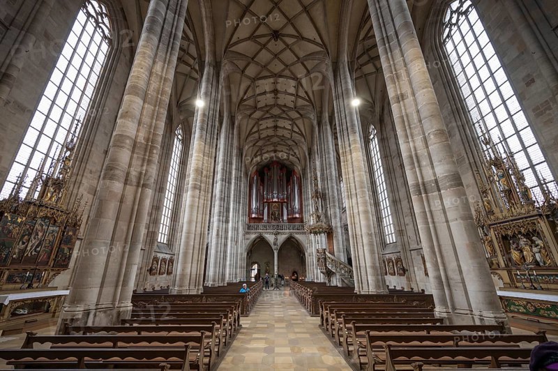 Interior with organ loft, organ built in 1997, late Gothic hall church of St George, Dinkelsbühl, Bavaria, Germany, Europe