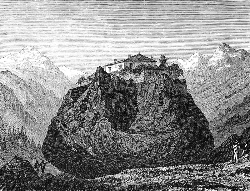 Valley in the Jura with hiking block near Monthey with building, erratic block, geology, erratic boulder or foreign object, high mountains of the Alps, rock, hiker, canton of Valais, Switzerland, historical illustration 1880, Europe