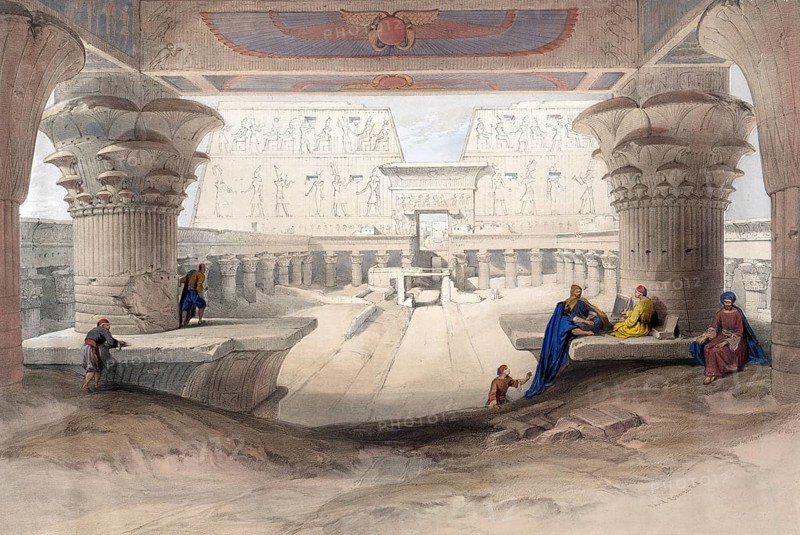View under the portico of the Temple of Edfou, Egypt, c. 1850, Historical, digitally restored reproduction from a 19th century original, exact date unknown, AI generated, Africa