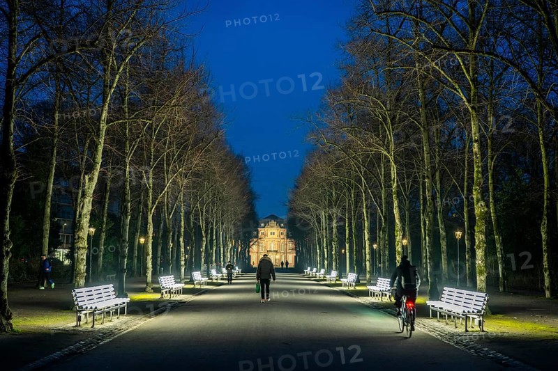 The light benches by artist Stefan Sous in the Hofgarten, entitled UV-A UV-B, 14 completely refurbished exhibits from the 2002 light-grey art exhibition, which now stand and light up as a permanent work of art on Jägerhofallee, LED technology, in the background Jägerhof Palace, home of the Goethe Museum, Düsseldorf, North Rhine-Westphalia, Germany, Europe
