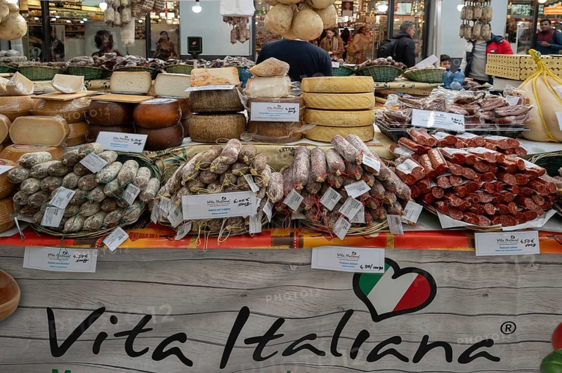 Italian cheese and sausage offer during the Italian weeks in Nuremberg, Middle Franconia, Bavaria, Germany, Europe