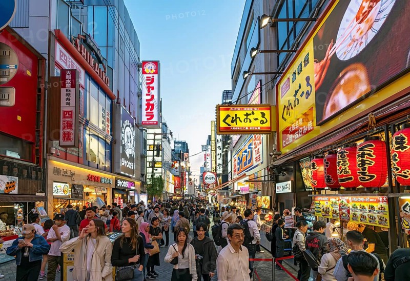 Night-time street with neon lights and illuminated signboards, Dotonbori district, Osaka, Japan, Asia