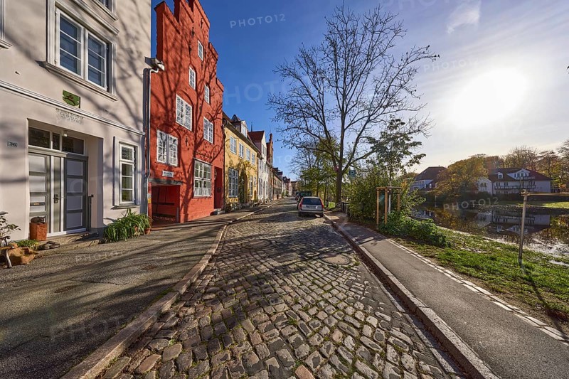 Historic houses, cobblestone pavement, bare trees, river Trave, backlight of the sun, street, old town, Hanseatic city of Lübeck, independent city, Schleswig-Holstein, Germany, Europe