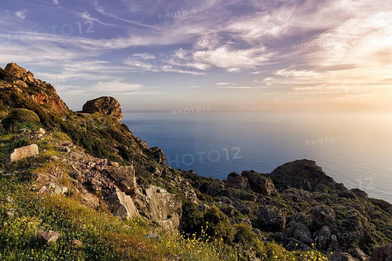 Striking rocky coast, evening sun, Messinian Gulf, Ionian Sea, Mani, Greece, Europe