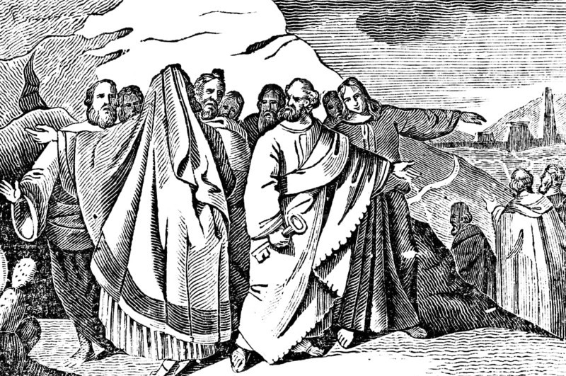 The apostles proclaim the good news of Jesus and his kingdom throughout the world, spreading Christianity, group, key, mountain landscape, woodcut, historical illustration, Christoph Schmid's Biblical History 1831
