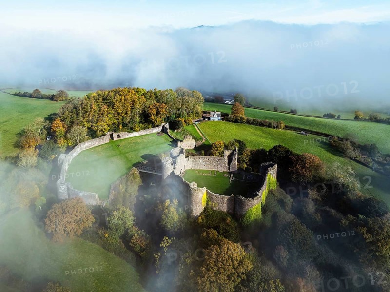 White Castle in the fog at dawn, Monmouthshire, Wales, England, United Kingdom, Europe
