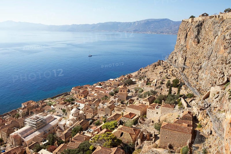 Byzantine castle town of Monemvasia, Monemvassia, Monemwassia, Monembasia, in the Myrtoan Sea, Laconia, Peloponnese, Greece, Europe