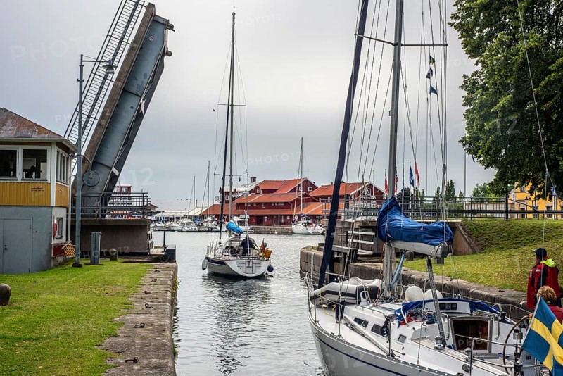 Bridge opening in Göta Canal. Göta Canal was built between 1810 and 1832 and runs right through Sweden. Together with the Trollhätte Canal and the Göta River, the Göta Canal forms a 390-kilometer-long waterway from the Baltic Sea to the Kattegat. Motala, Östergötland County, Sweden, Scandinavia, Europe