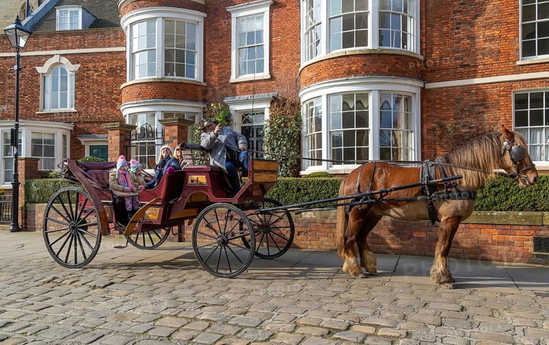 Horse and carriage ride passing houses in Minster Yard of Lincoln cathedral, city of Lincoln, Lincolnshire, England, UK
