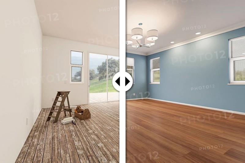 Before and after slider comparing the unfinished condition and the completed light blue painted and remodeled room interior