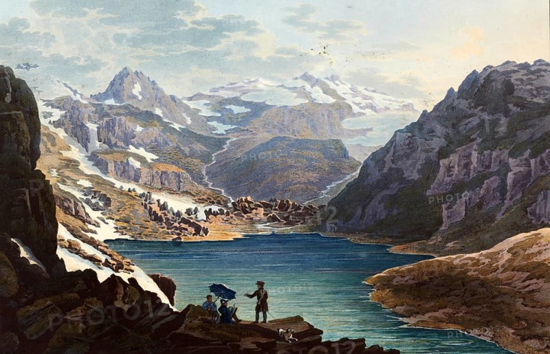 View of the source of the Anterior Rhine, Lake Toma, on Mount Badus, Canton Graubünden in the Swiss Alps, Switzerland, view around 1830, digitally restored reproduction of a 19th century model by Johann Ludwig Bleuler (12 February 1792 - 28 March 1850), Swiss draughtsman and painter, Europe