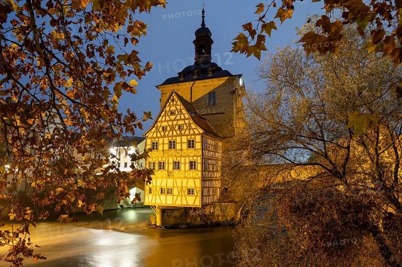 The old town hall on the river Regnitz, Blue Hour, Bamberg, Upper Franconia, Bavaria, Germany, Europe