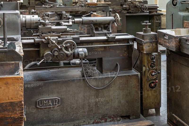 Workbench in the production hall of engine valves, formerly Dietz & Pfriem valve factory, today Industrial Museum Lauf, Sicharchard Str., Lauf an der Pegnitz, Middle Franconia, Bavaria, Germany, Europe