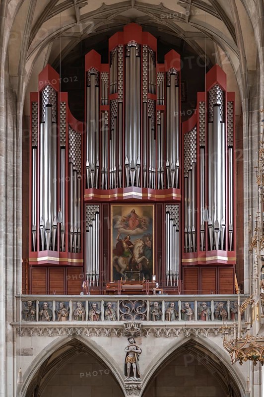 Organ loft with a Rieger organ, built in 1997, including the twelve apostles, late Gothic church of St George, Dinkelsbühl, Bavaria, Germany, Europe