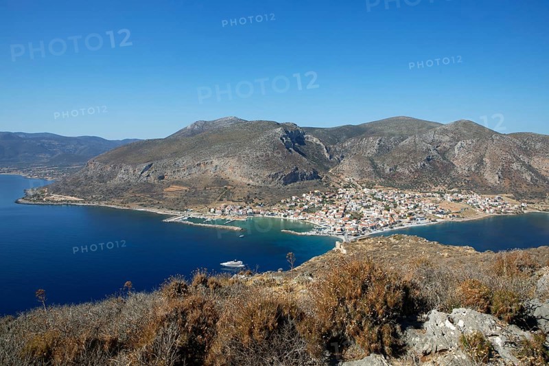 Coastal town of Gefyra, near the rock of Monemvasia, Monemvassia, Monemwassia, Monembasia, in the Myrtoan Sea, Laconia, Peloponnese, Greece, Europe