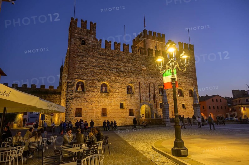 Main square with castle at dusk, Marostica, Province of Vicenza, Italy, Europe