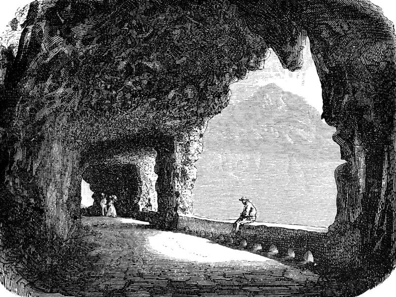 Tunnel of the Axenstrasse at Axenberg and Lake Uri, a connection between the Swiss towns of Brunnen and Flüelen, Alps, People, Travel, Switzerland, historical illustration 1885, Europe