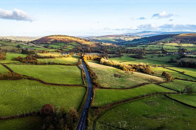 Farms over Trecastle from a drone at sunset, Brecon Beacons National Park, Powys, Wales, England, United Kingdom, Europe