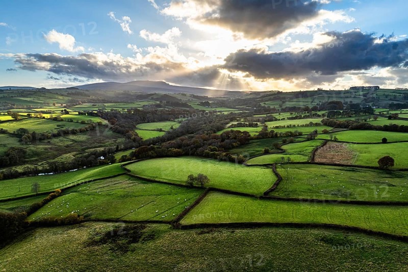 Farms over Trecastle from a drone at sunset, Brecon Beacons National Park, Powys, Wales, England, United Kingdom, Europe