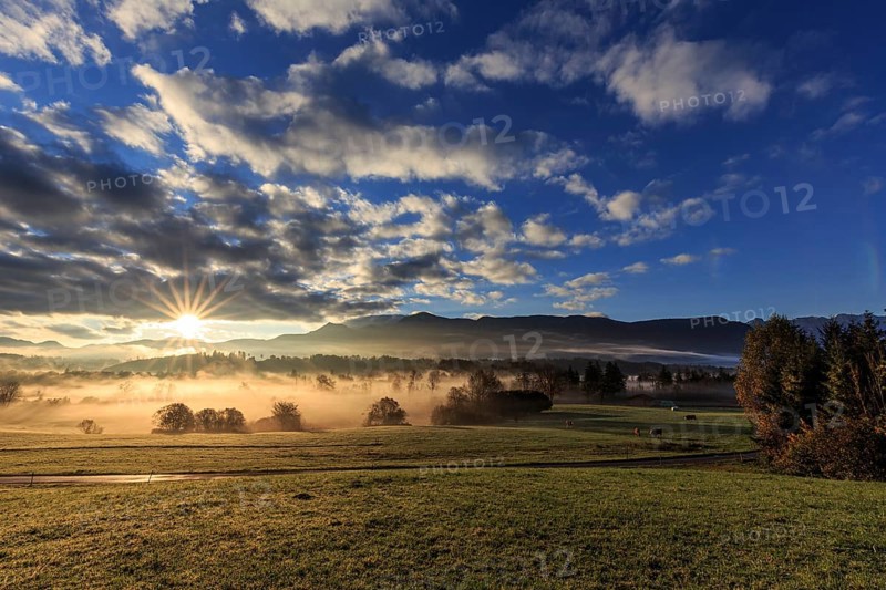Foggy mood, morning light, mountains, summer, clouds, sunbeams, sunrise, Murnau, view of Herzogstand, Heimgarten, Alpine foothills, Bavaria, Germany, Europe