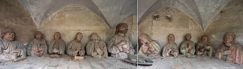 Composition of the figurative representation of the Last Supper, Jesus with his twelve disciples, in an outside chapel on the east choir of the late Gothic St George's Church, Dinkelsbühl, Bavaria, Germany, Europe