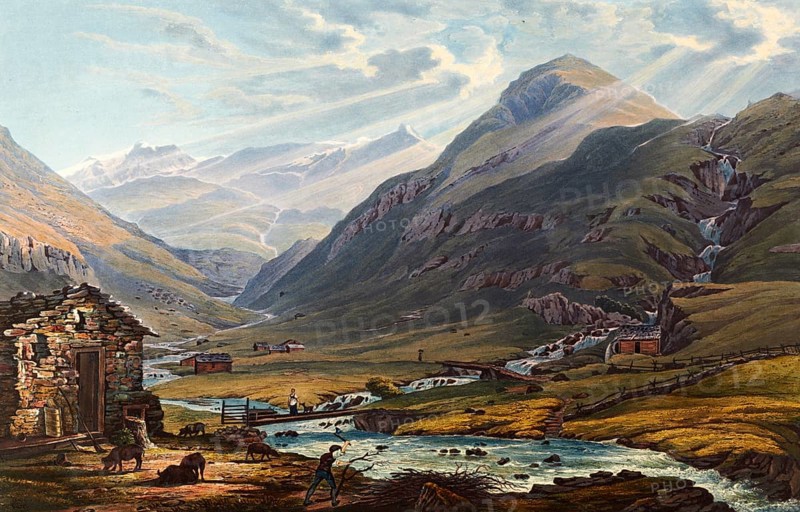 View of the union of the two sources of the Anterior Rhine, those of Mont Badus and Crispalt, taken near Chiamut, Switzerland, view around 1830, digitally restored reproduction of a 19th century model by Johann Ludwig Bleuler (12 February 1792 - 28 March 1850), Swiss draughtsman and painter, Europe