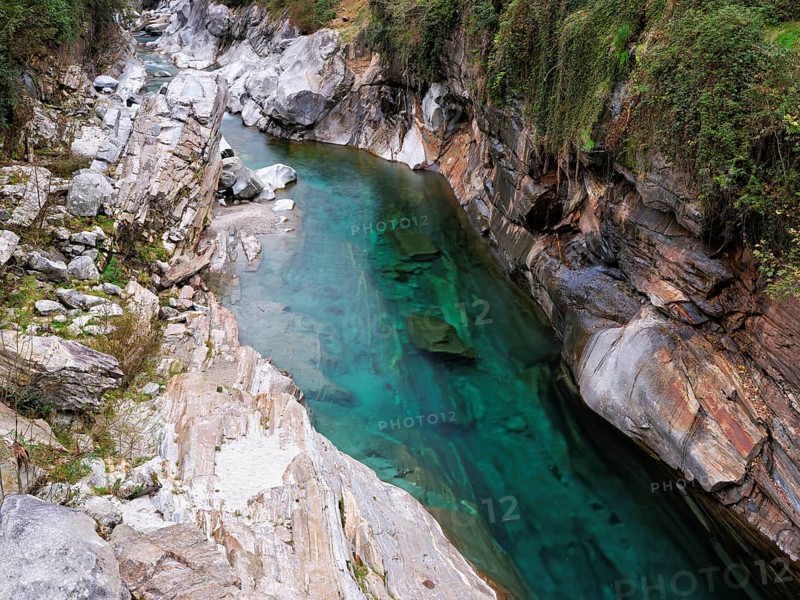 Clear water and rock formations in the Verzasca River, near Lavertezzo, Verzasca Valley, Valle Verzasca, Canton Ticino, Switzerland, Europe