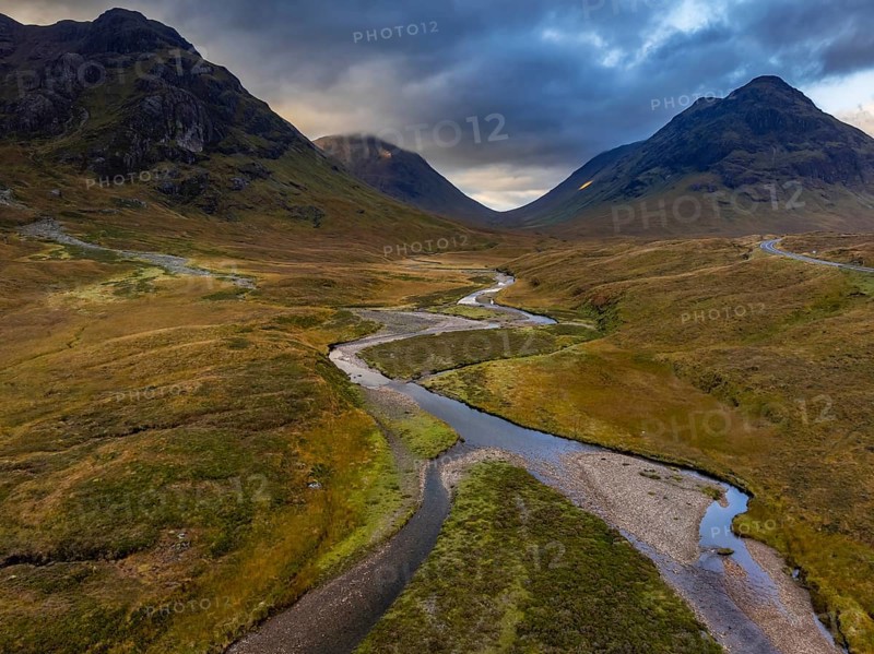Cloudy mood, river, moor, aerial view, mountain landscape, autumn, Glencoe, Scottish Highlands, Scotland, Great Britain