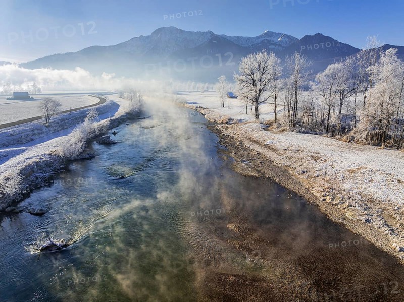 River, morning light, fog, hoarfrost, mountains, winter, snow, aerial view, Loisach, view of Herzogstand, Heimgarten, Alpine foothills, Bavaria, Germany, Europe