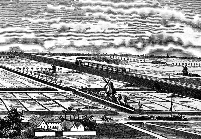 In the polders of Holland, agriculture on the fertile soils of the marshes, farm, windmill, rectangular arrangement, railway line with steam locomotive, drainage ditch, towage by horse, transport by boat, geography, Kingdom of the Netherlands, historical illustration 1888