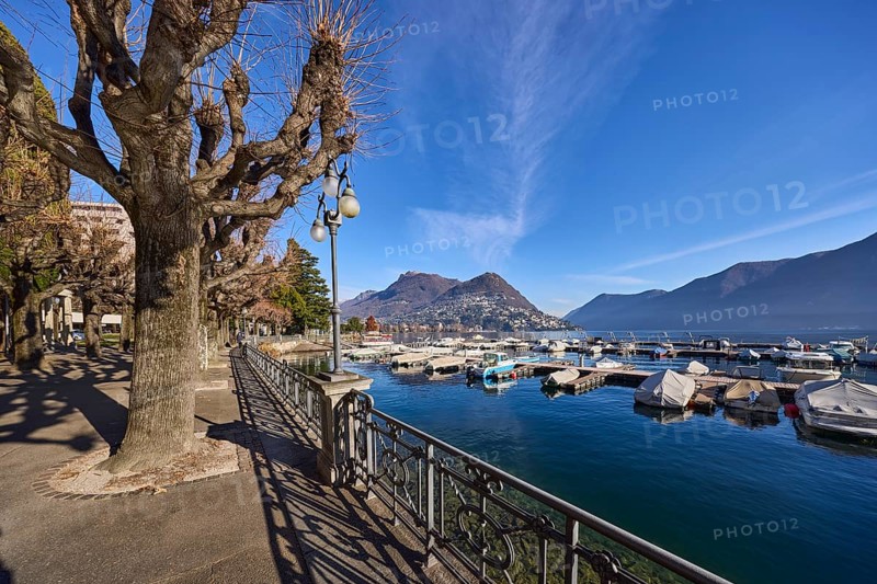 Lakeside promenade, metal railing, lantern, lake, shade, trees, marina, motorboats, mountains, Lake Lugano, Lugano, district of Lugano, canton of Ticino, Switzerland, Europe