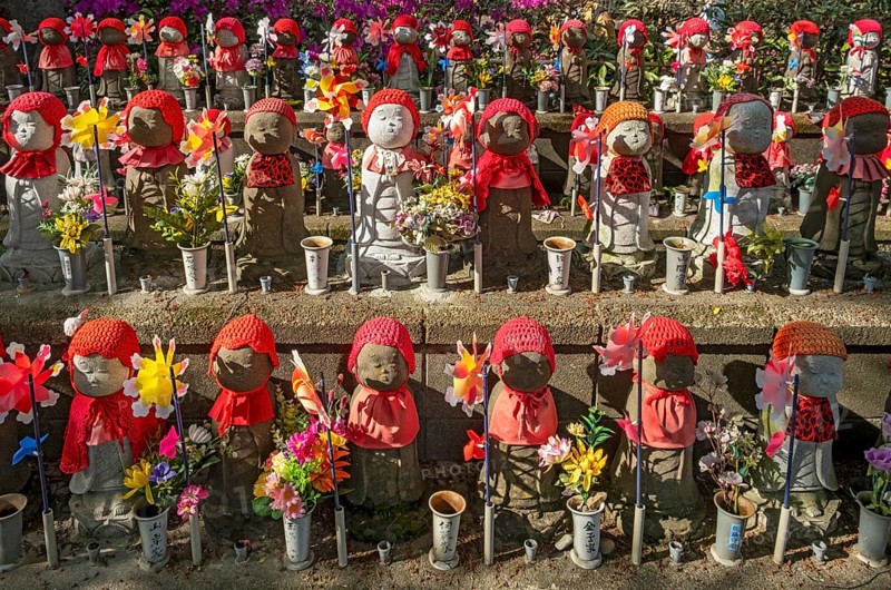 Jizo statues at the Garden of Unborn Children, Zoj-ji temple, Tokyo, Japan, Asia